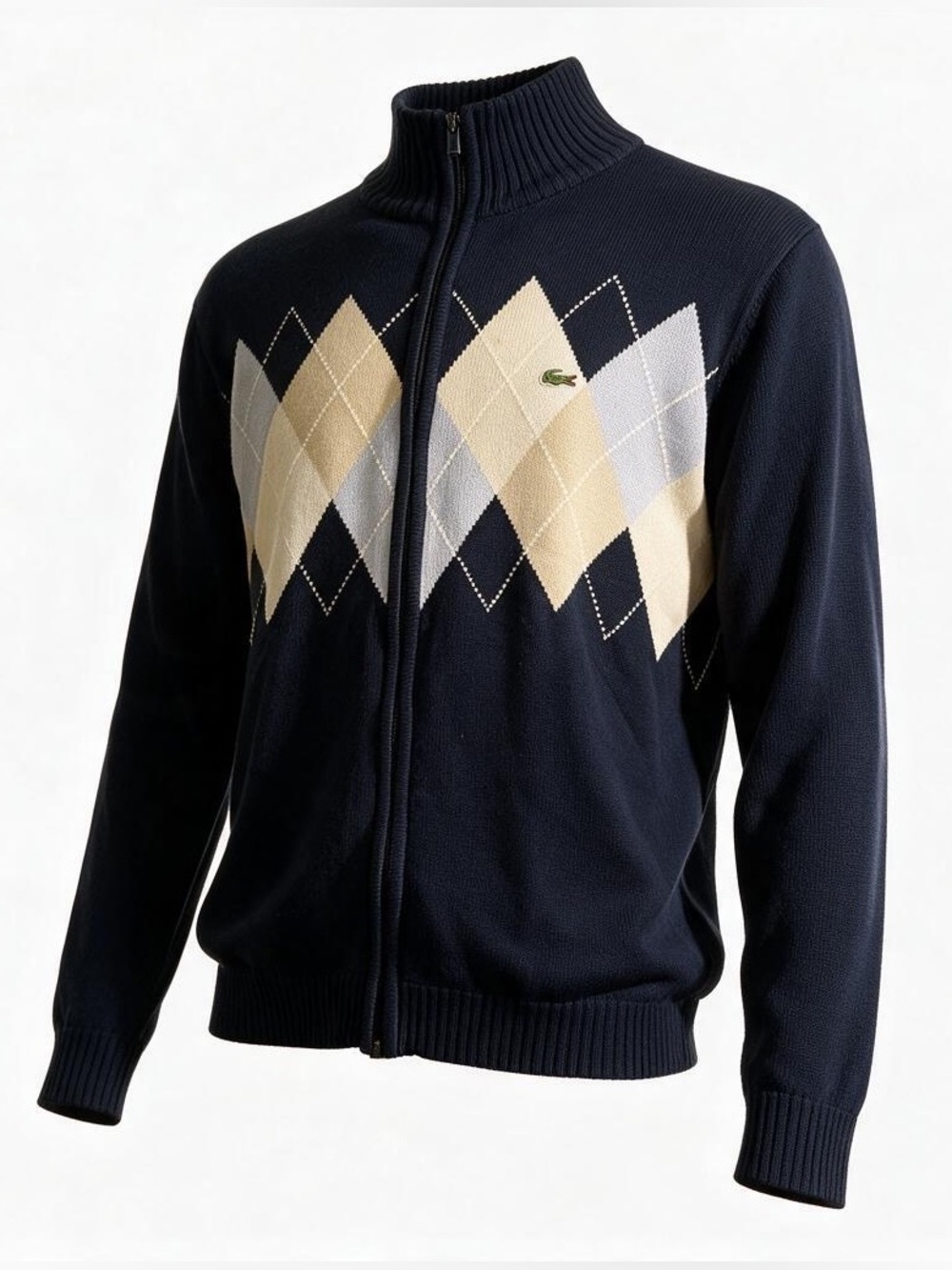 Lacoste Men's Navy Zip-Up Argyle Knit Sweater